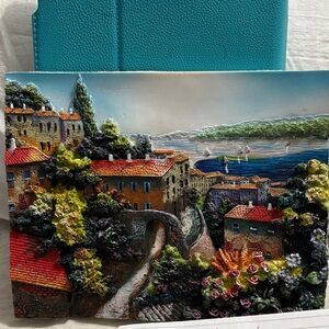 Textured Mediterranean Village Wall Art - Red & Turquoise Accents
